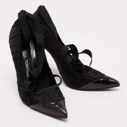 Tom Ford Black Pleated Fabric and Leather Ankle Tie Pumps Size 39