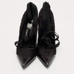 Tom Ford Black Pleated Fabric and Leather Ankle Tie Pumps Size 39