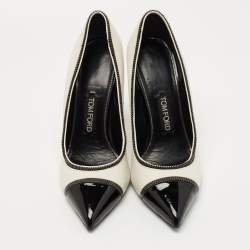 Tom Ford White/Black Patent Leather And Leather Cap Toe Pointed Toe Pumps Size 40