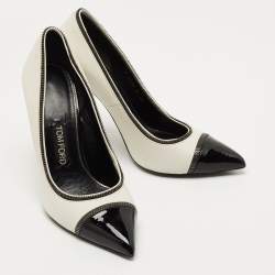 Tom Ford White/Black Patent Leather And Leather Cap Toe Pointed Toe Pumps Size 40