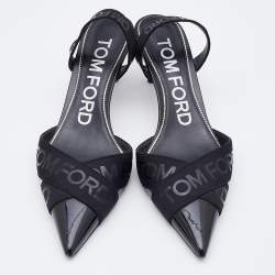 Pre Owned Tom Ford Black Patent Leather And Stretch Fabric Printed Logo Slingback Sandals Size 38