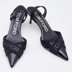 Pre Owned Tom Ford Black Patent Leather And Stretch Fabric Printed Logo Slingback Sandals Size 38