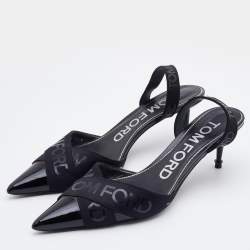 Pre Owned Tom Ford Black Patent Leather And Stretch Fabric Printed Logo Slingback Sandals Size 38