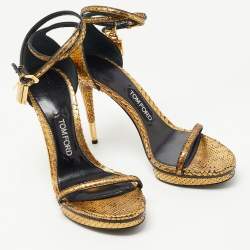 Tom Ford Gold Python Padlock Ankle Strap Platform Sandals Size 38.5