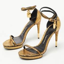 Tom Ford Gold Python Padlock Ankle Strap Platform Sandals Size 38.5