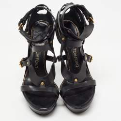 Pre Owned Tom Ford Black Leather Strappy Platform Sandals Size 37.5