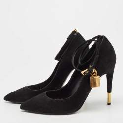 Pre Owned Tom Ford Black Suede Padlock Ankle Wrap Pumps Size 36.5