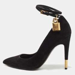 Pre Owned Tom Ford Black Suede Padlock Ankle Wrap Pumps Size 36.5