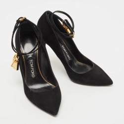 Pre Owned Tom Ford Black Suede Padlock Ankle Wrap Pumps Size 36.5