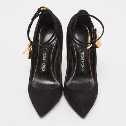 Pre Owned Tom Ford Black Suede Padlock Ankle Wrap Pumps Size 36.5