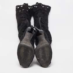 Pre Owned Tom Ford Black Suede Cut Out detail Peep Toe Knee Length Boots Size 38