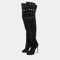 Pre Owned Tom Ford Black Suede Cut Out detail Peep Toe Knee Length Boots Size 38
