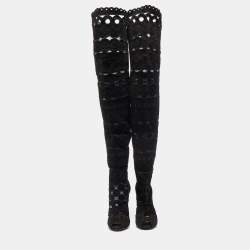 Pre Owned Tom Ford Black Suede Cut Out detail Peep Toe Knee Length Boots Size 38
