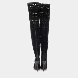 Pre Owned Tom Ford Black Suede Cut Out detail Peep Toe Knee Length Boots Size 38