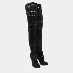 Pre Owned Tom Ford Black Suede Cut Out detail Peep Toe Knee Length Boots Size 38