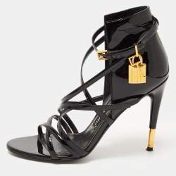 Tom Ford Black Patent Leather Padlock Strappy Sandals Size 38.5