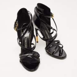 Tom Ford Black Patent Leather Padlock Strappy Sandals Size 38.5