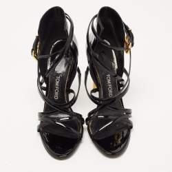 Tom Ford Black Patent Leather Padlock Strappy Sandals Size 38.5