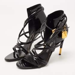 Tom Ford Black Patent Leather Padlock Strappy Sandals Size 38.5