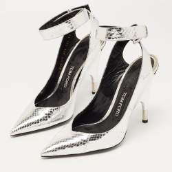 Tom Ford Silver Python Embossed Leather Ankle Strap Wedge Pumps Size 39