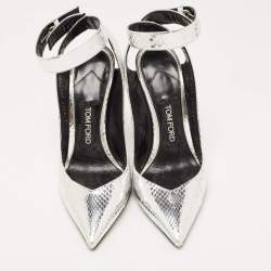 Tom Ford Silver Python Embossed Leather Ankle Strap Wedge Pumps Size 39