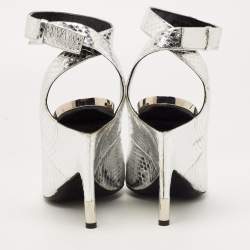 Tom Ford Silver Python Embossed Leather Ankle Strap Wedge Pumps Size 39