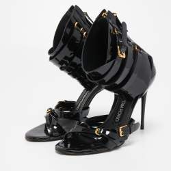 Tom Ford Black Patent Leather Triple Buckle Ankle Cuff Sandals Size 37