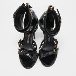 Tom Ford Black Patent Leather Triple Buckle Ankle Cuff Sandals Size 37