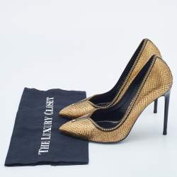 Pre Owned Tom Ford Metallic Gold Watersnake Leather Zipper Trim Pumps Size 38