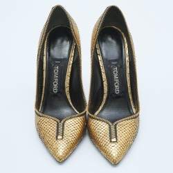 Pre Owned Tom Ford Metallic Gold Watersnake Leather Zipper Trim Pumps Size 38