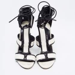 Tom Ford White/Black Paneled Leather Patchwork Ankle Strap Sandals Size 37.5