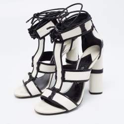 Tom Ford White/Black Paneled Leather Patchwork Ankle Strap Sandals Size 37.5