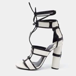 Tom Ford White/Black Paneled Leather Patchwork Ankle Strap Sandals Size 37.5