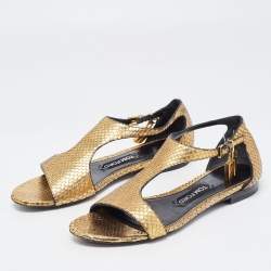Tom Ford Gold Python Leather Ankle Wrap Flat Sandals Size 38