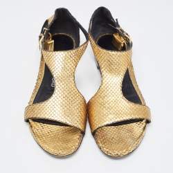 Tom Ford Gold Python Leather Ankle Wrap Flat Sandals Size 38