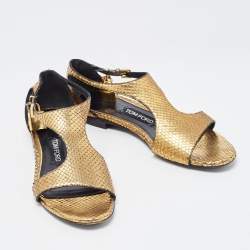 Tom Ford Gold Python Leather Ankle Wrap Flat Sandals Size 38