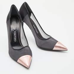 Pre Owned Tom Ford Black/Metallic Rose Pink Mesh and Leather Cap Pointed Toe Pumps Size 38.5