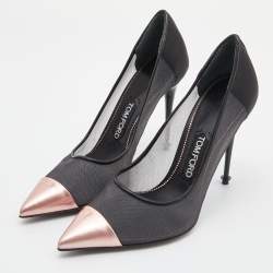 Pre Owned Tom Ford Black/Metallic Rose Pink Mesh and Leather Cap Pointed Toe Pumps Size 38.5