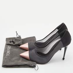 Pre Owned Tom Ford Black/Metallic Rose Pink Mesh and Leather Cap Pointed Toe Pumps Size 38.5
