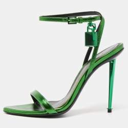 Pre Owned Tom Ford Metallic Green Leather  Padlock Ankle Strap Sandals Size 37