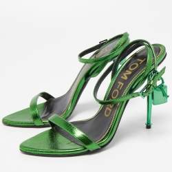 Pre Owned Tom Ford Metallic Green Leather  Padlock Ankle Strap Sandals Size 37