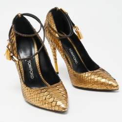 Pre Owned Tom Ford Gold Python Padlock Ankle Strap Pumps Size 39.5