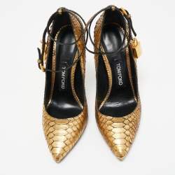 Pre Owned Tom Ford Gold Python Padlock Ankle Strap Pumps Size 39.5