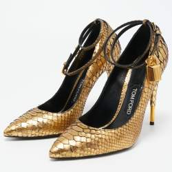 Pre Owned Tom Ford Gold Python Padlock Ankle Strap Pumps Size 39.5
