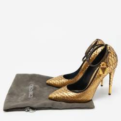 Pre Owned Tom Ford Gold Python Padlock Ankle Strap Pumps Size 39.5