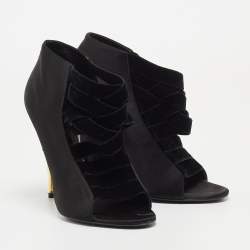 Pre Owned Tom Ford Black Satin Padlock Peep Toe Ankle Boots Size 37.5