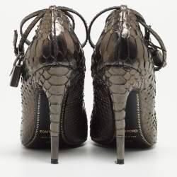 Pre Owned Tom Ford Grey Metallic Python Padlock Ankle Wrap Pumps Size 36.5