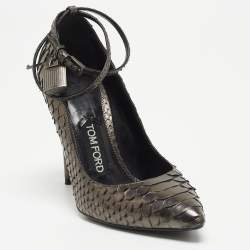 Pre Owned Tom Ford Grey Metallic Python Padlock Ankle Wrap Pumps Size 36.5