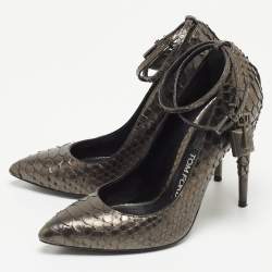 Pre Owned Tom Ford Grey Metallic Python Padlock Ankle Wrap Pumps Size 36.5