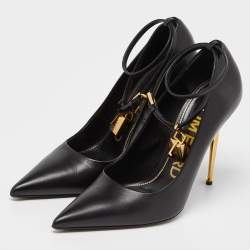 Pre Owned Tom Ford Black Leather Padlock Ankle Wrap Pumps Size 40